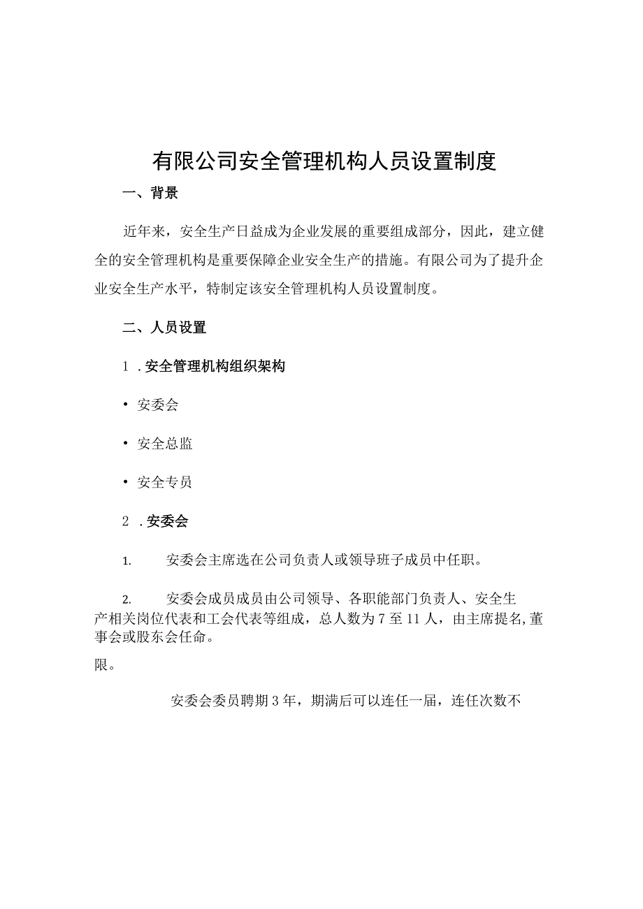 有限公司安全管理机构人员设置制度.docx_第1页