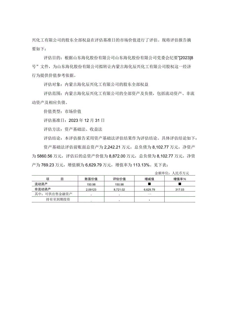 山东海化：山东海化拟转让股权所涉及的内蒙古海化辰兴化工有限公司股东全部权益价值项目资产评估报告.docx_第3页