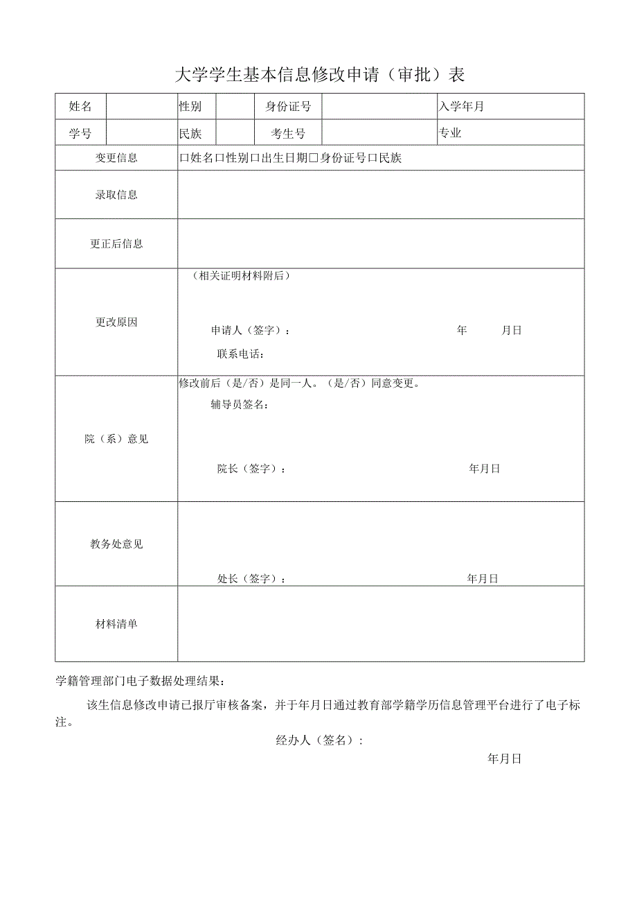 大学学生基本信息修改申请审批表学生学籍信息修改责任承诺书.docx_第1页