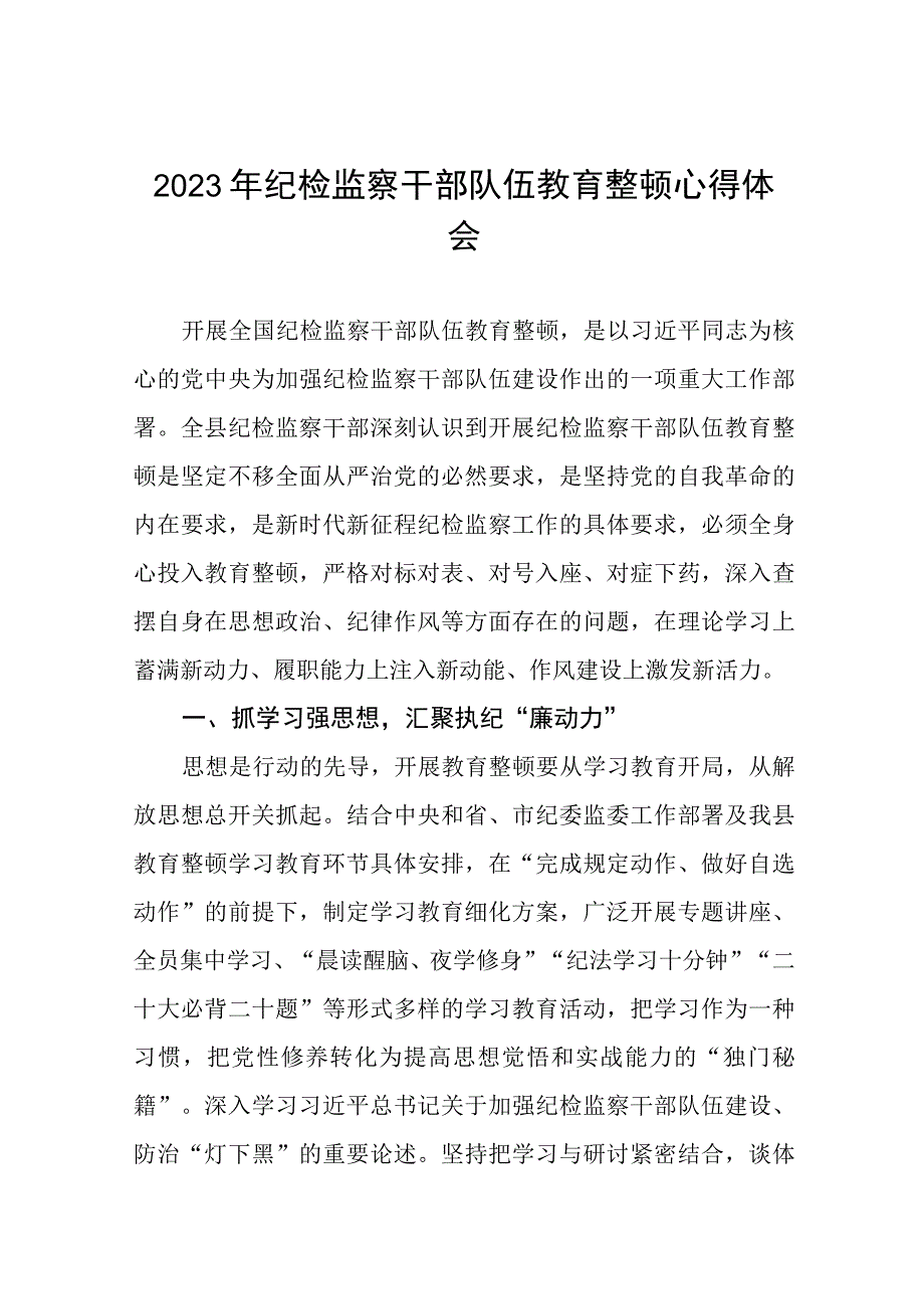 2023年全国纪检监察干部队伍教育整顿的心得体会精品六篇.docx_第1页