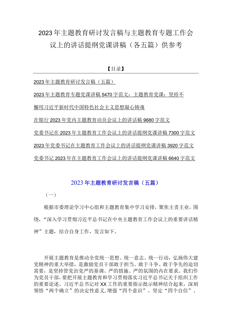 2023年主题教育研讨发言稿与主题教育专题工作会议上的讲话提纲党课讲稿各五篇供参考.docx_第1页