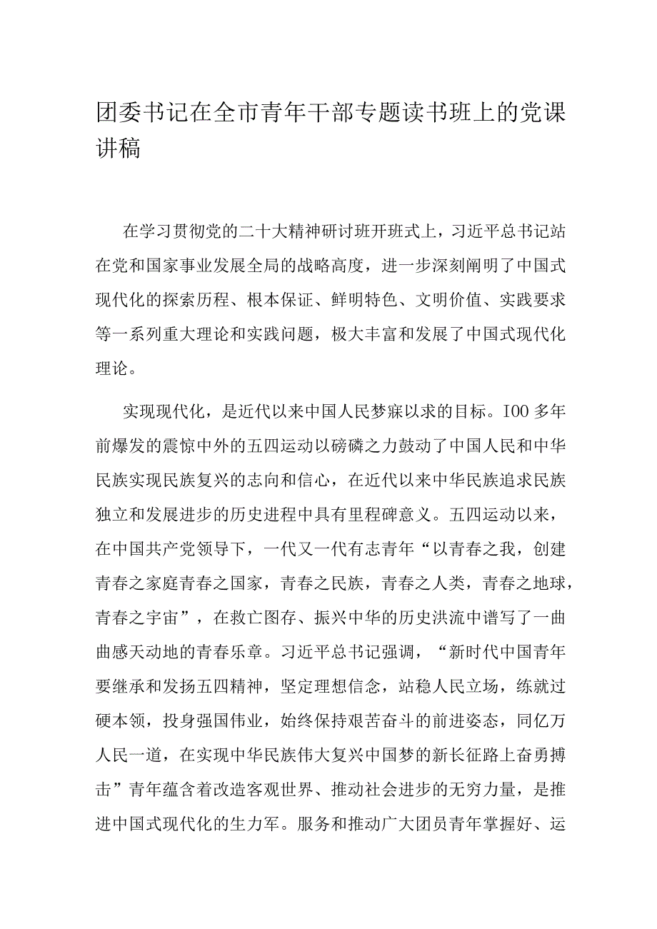 团委书记在全市青年干部专题读书班上的党课讲稿.docx_第1页