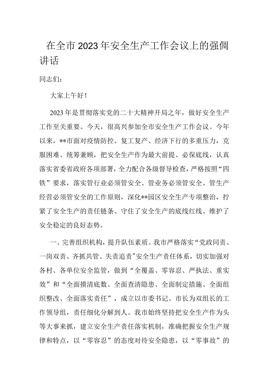 在全市2023年安全生产工作会议上的强调讲话.docx_第1页