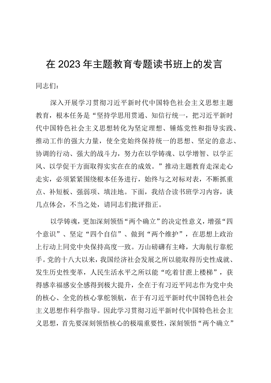 在2023年主题教育专题读书班上的发言.docx_第1页