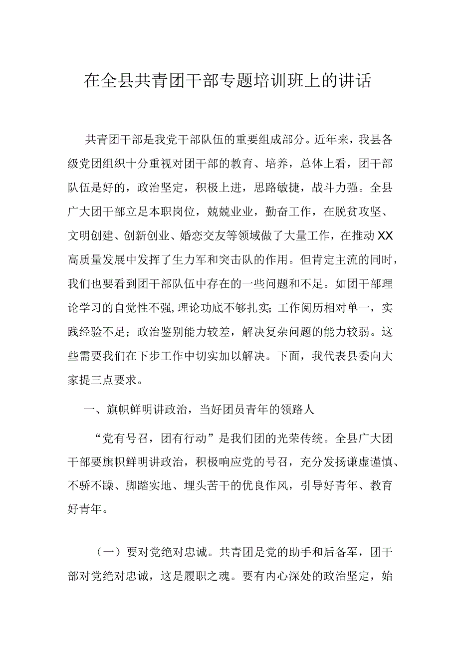 在全县共青团干部专题培训班上的讲话.docx_第1页