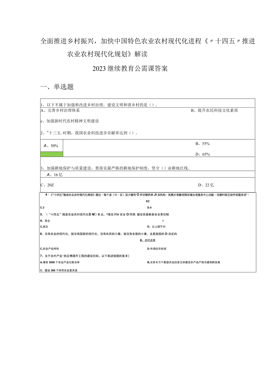 2023年继续教育公需课全面推进乡村振兴试题及答案.docx_第1页