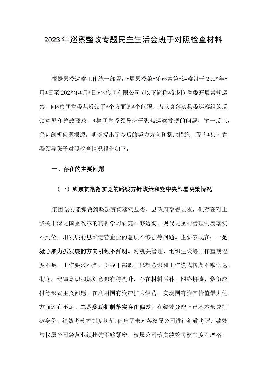 2023年巡察整改专题民主生活会班子对照检查材料.docx_第1页