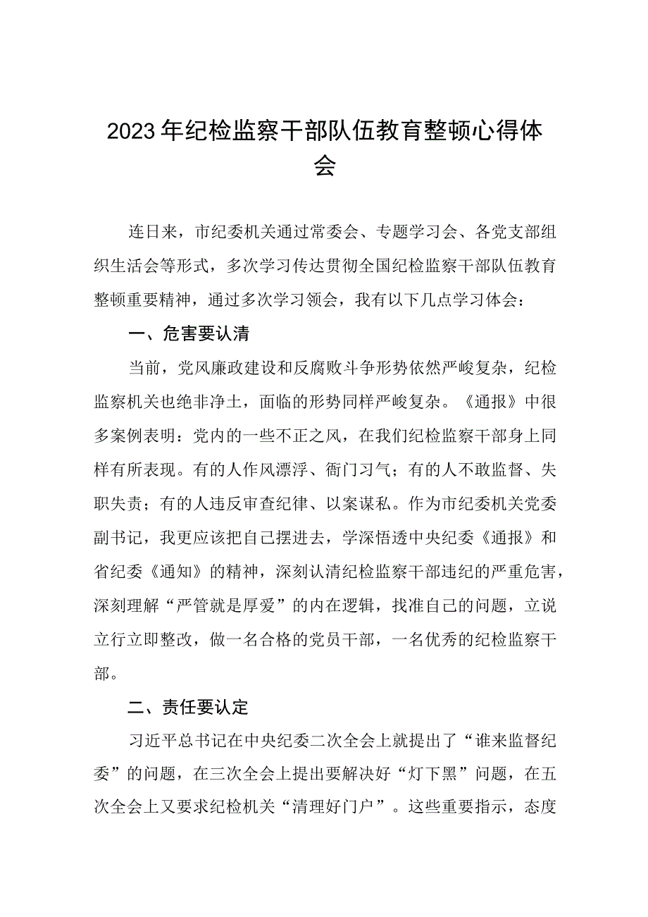 2023年纪检监察干部队伍教育整顿活动心得体会发言精品六篇.docx_第1页