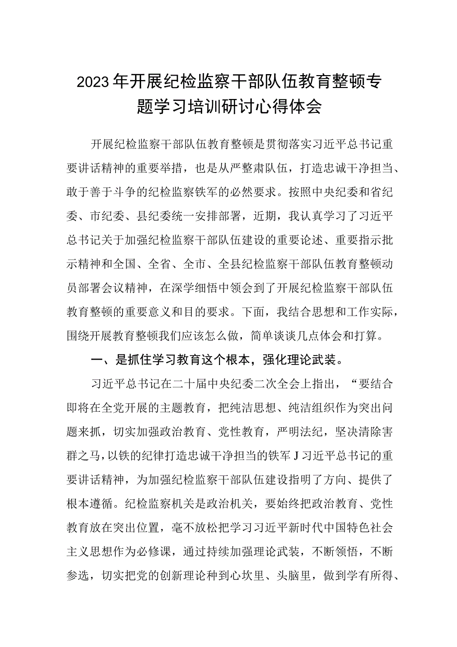 2023年开展纪检监察干部队伍教育整顿专题学习培训研讨心得体会精选通用八篇.docx_第1页