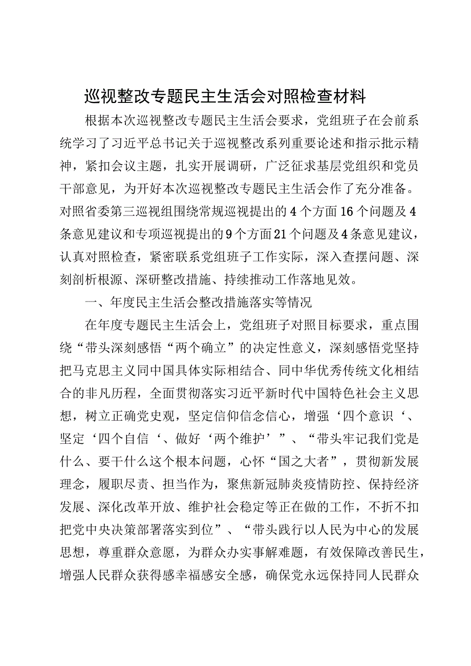 巡视整改专题民主生活会对照检查材料.docx_第1页