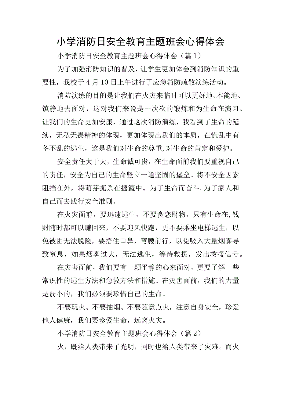 小学消防日安全教育主题班会心得体会.docx_第1页