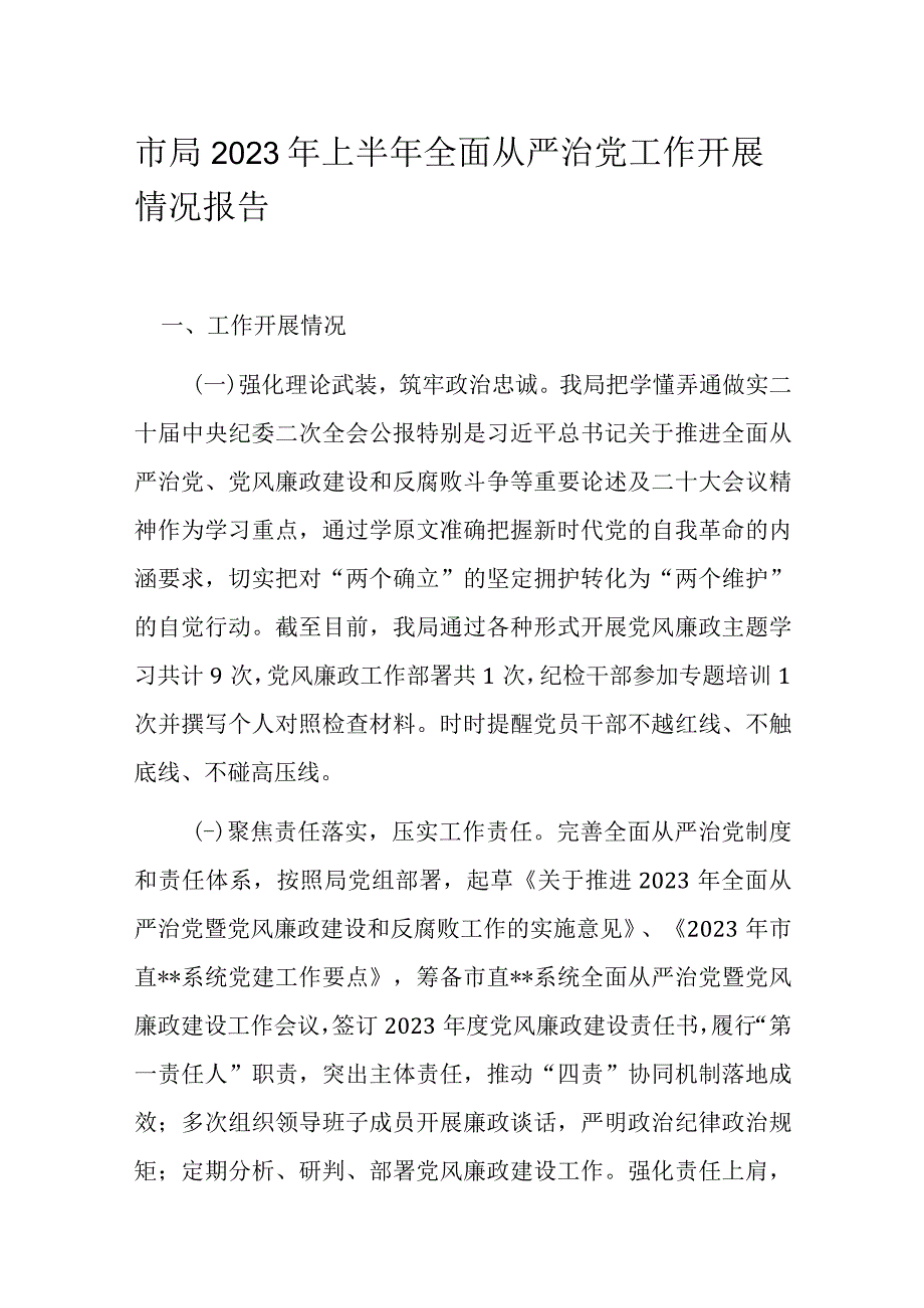 市局2023年上半年全面从严治党工作开展情况报告.docx_第1页