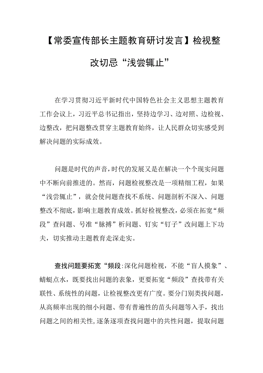 常委宣传部长主题教育研讨发言检视整改切忌浅尝辄止.docx_第1页