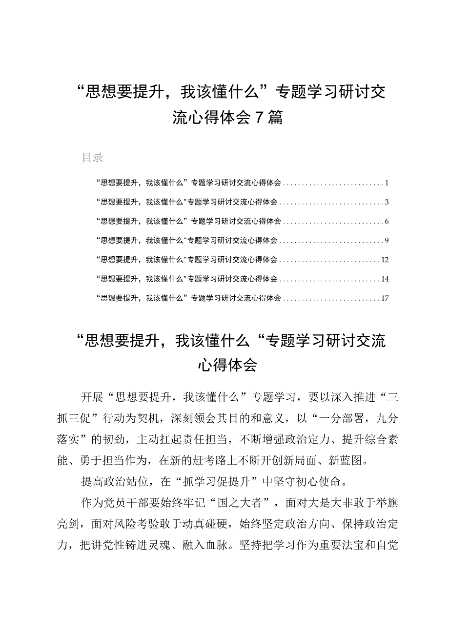 思想要提升我该懂什么专题学习研讨交流心得体会7篇.docx_第1页