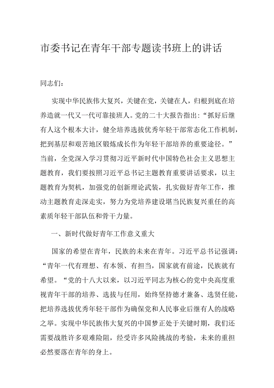 市委书记在青年干部专题读书班上的讲话.docx_第1页