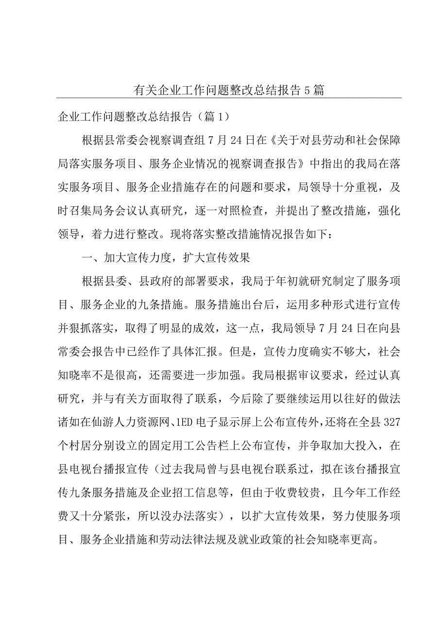 有关企业工作问题整改总结报告5篇.docx_第1页