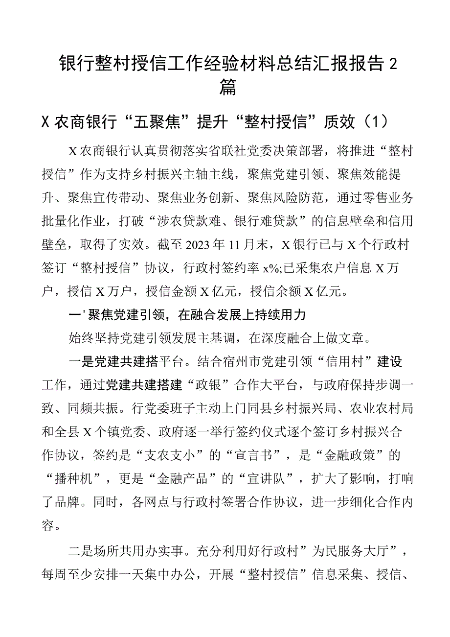 银行整村授信工作经验材料总结汇报报告2篇_002.docx_第1页