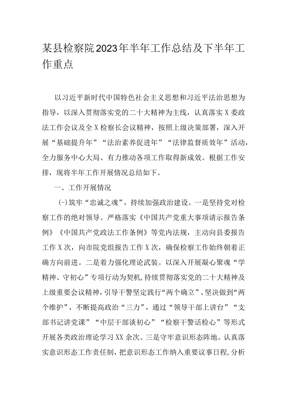 某县检察院2023年半年工作总结及下半年工作重点.docx_第1页