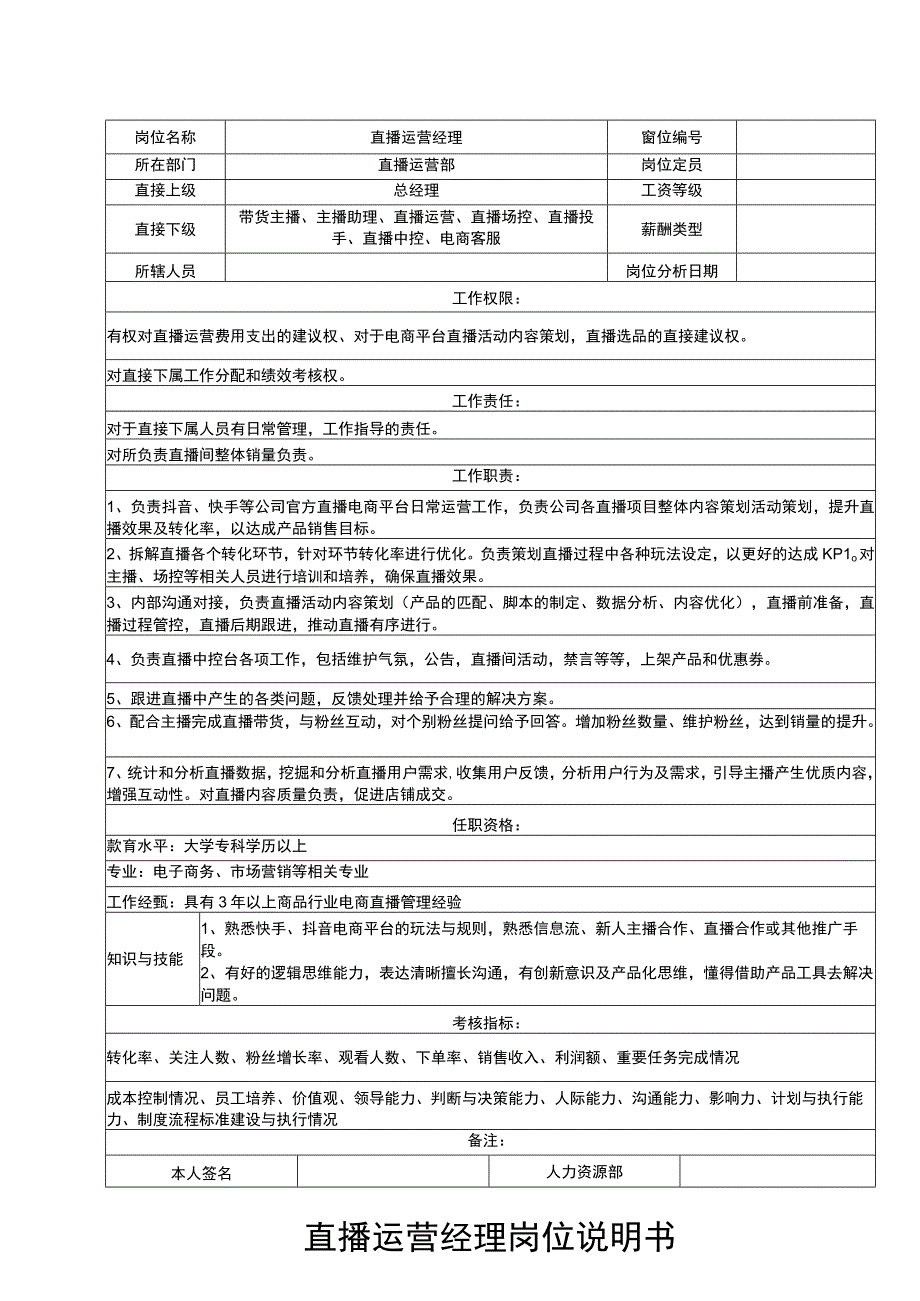 直播运营经理岗位说明书.docx_第1页