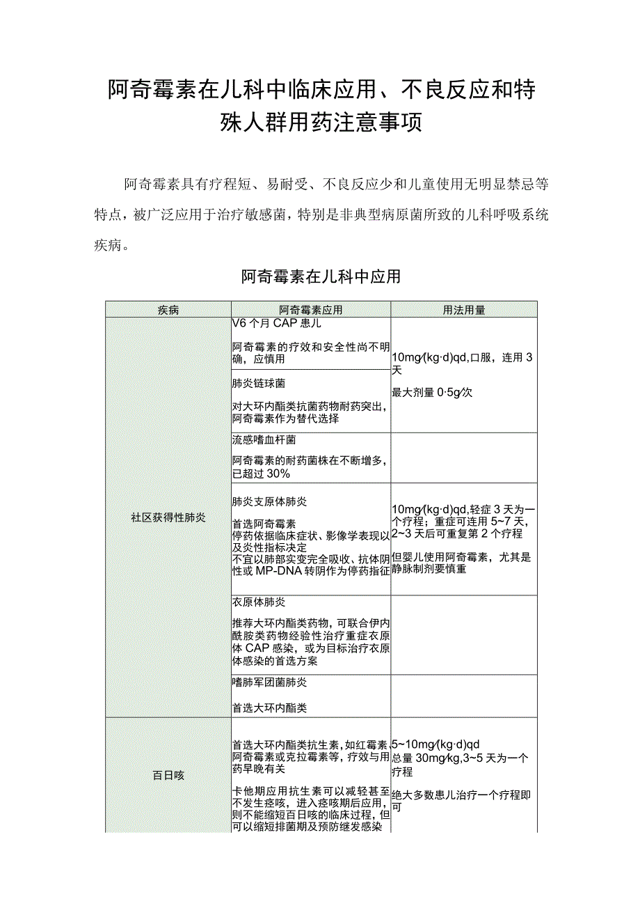 阿奇霉素在儿科中临床应用不良反应和特殊人群用药注意事项.docx_第1页