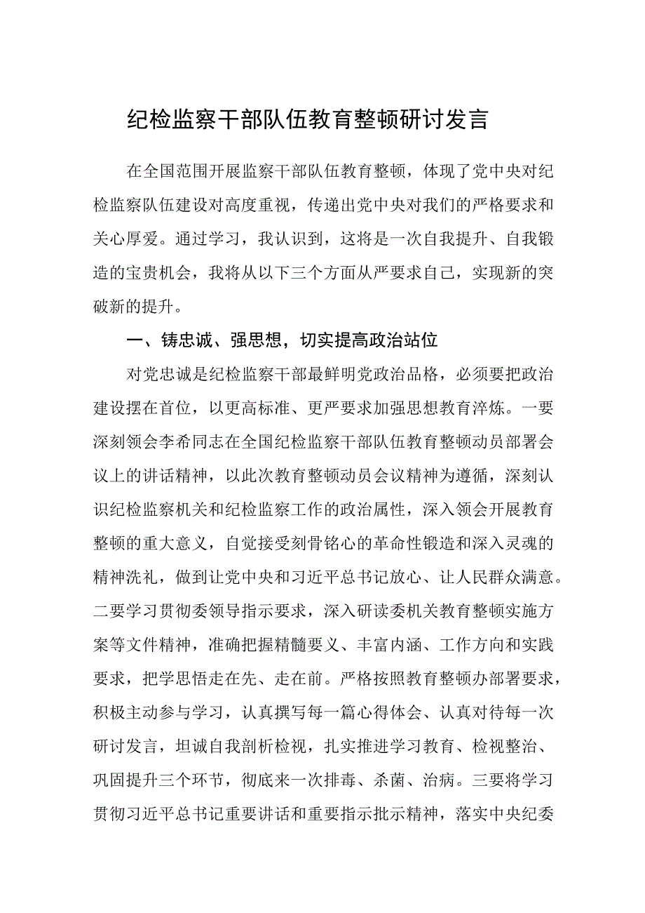 纪检监察干部队伍教育整顿研讨发言3篇范本.docx_第1页