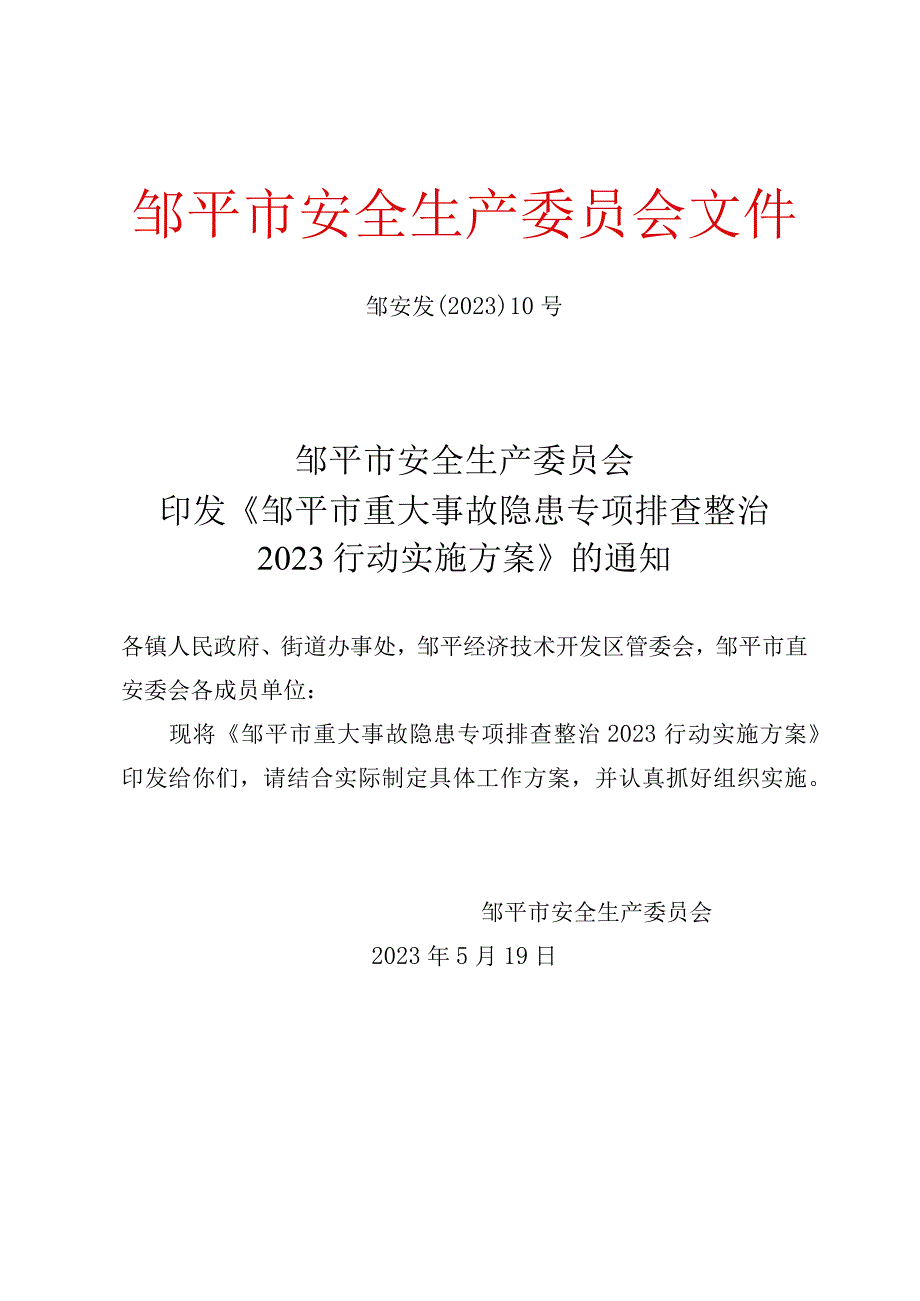 邹安发10号全市重大事故隐患专项排查整治2023行动方案.docx_第1页