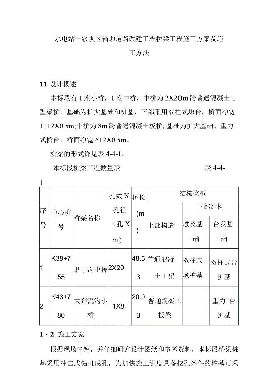 水电站一级坝区辅助道路改建工程桥梁工程施工方案及施工方法.docx_第1页