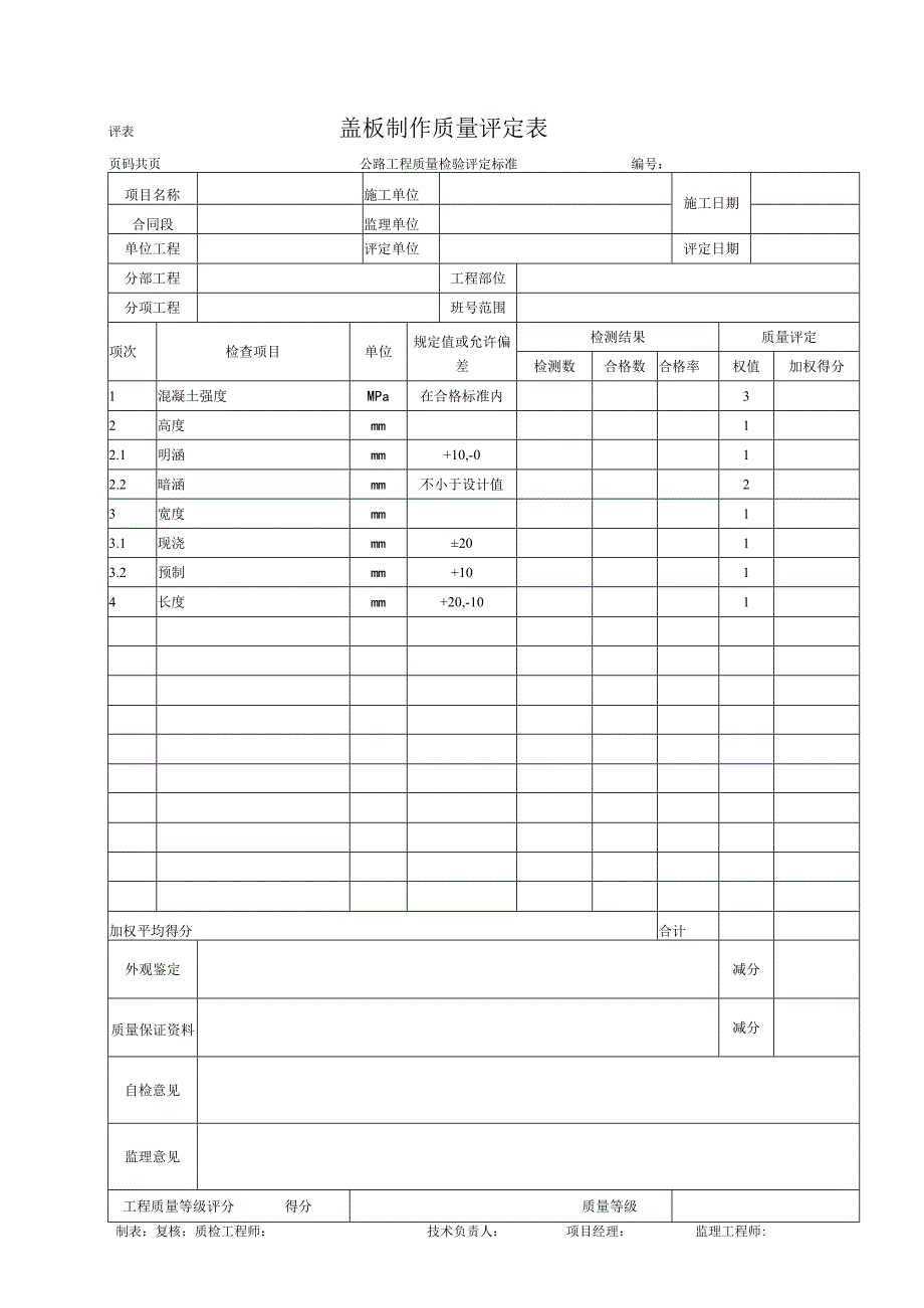 盖板涵制作质量评定表.docx_第1页