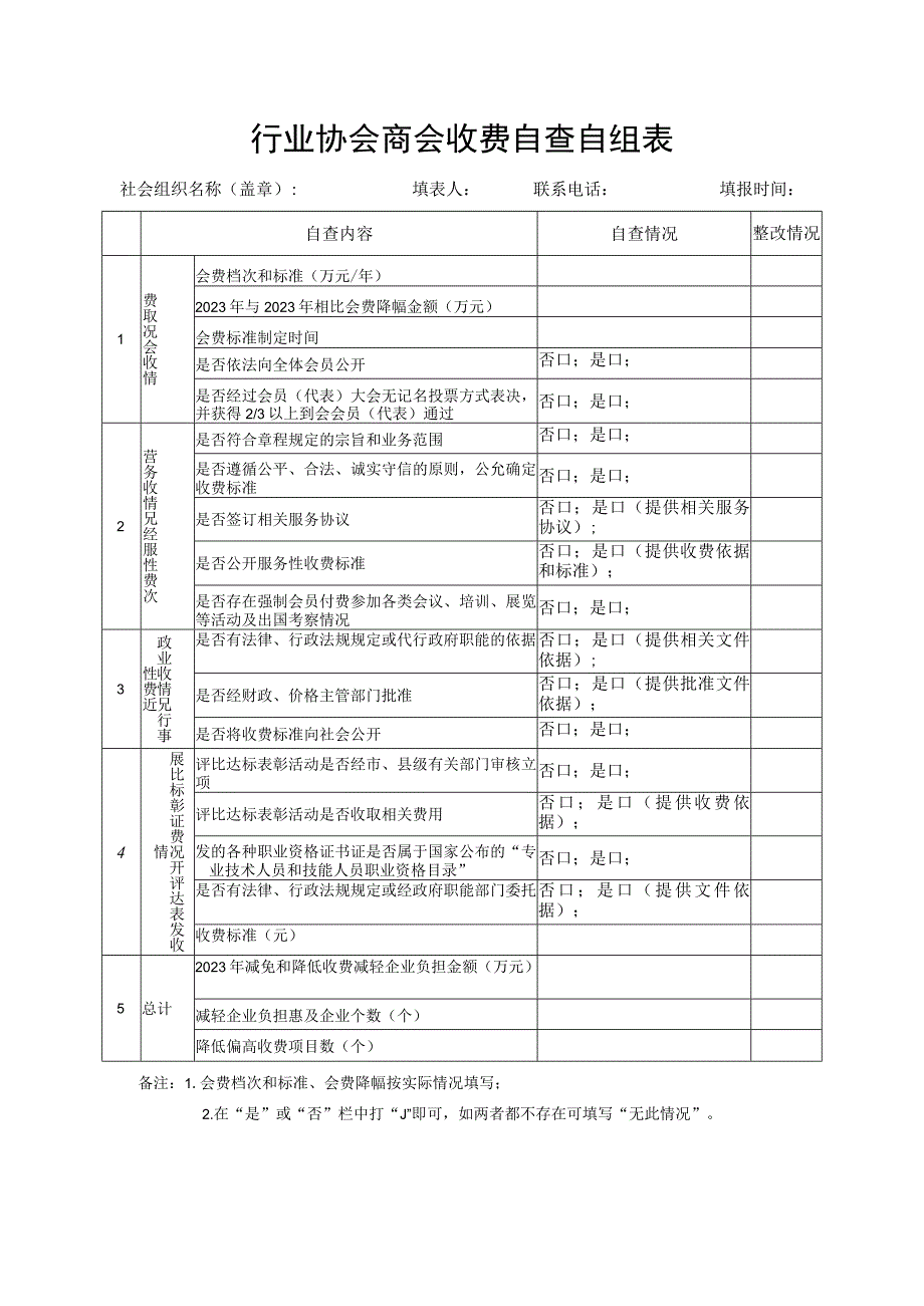 行业协会商会收费自查自纠表.docx_第1页