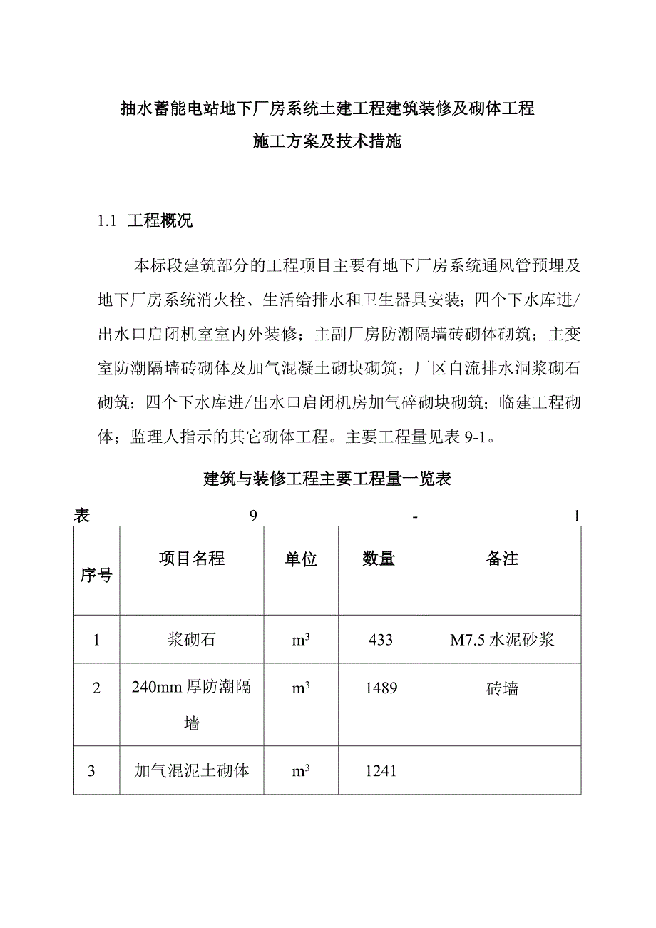 抽水蓄能电站地下厂房系统土建工程建筑装修及砌体工程施工方案及技术措施.docx_第1页