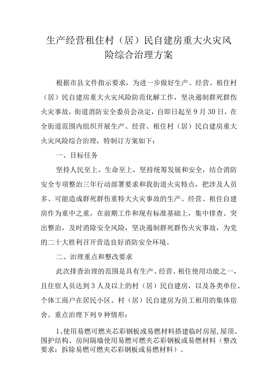 生产经营租住村居民自建房重大火灾风险综合治理方案.docx_第1页