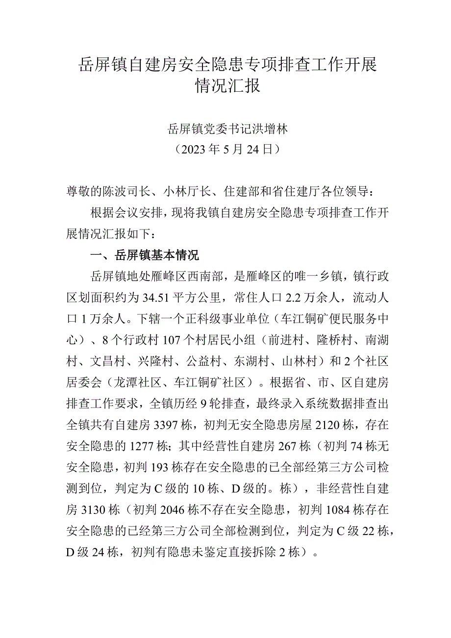 自建房安全隐患专项排查工作开展情况汇报.docx_第1页