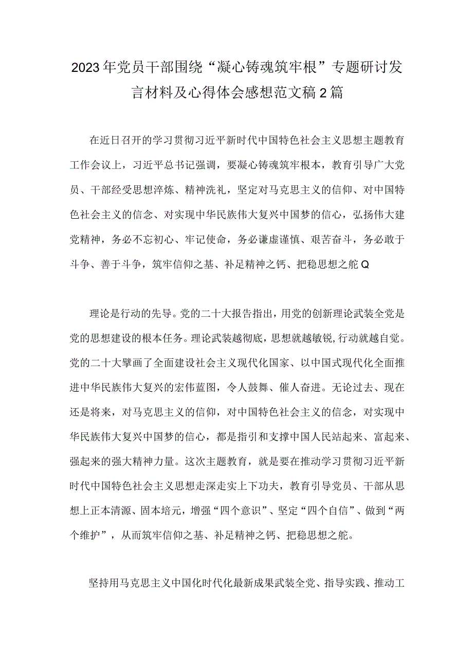 2023年党员干部围绕凝心铸魂筑牢根专题研讨发言材料及心得体会感想范文稿2篇.docx_第1页