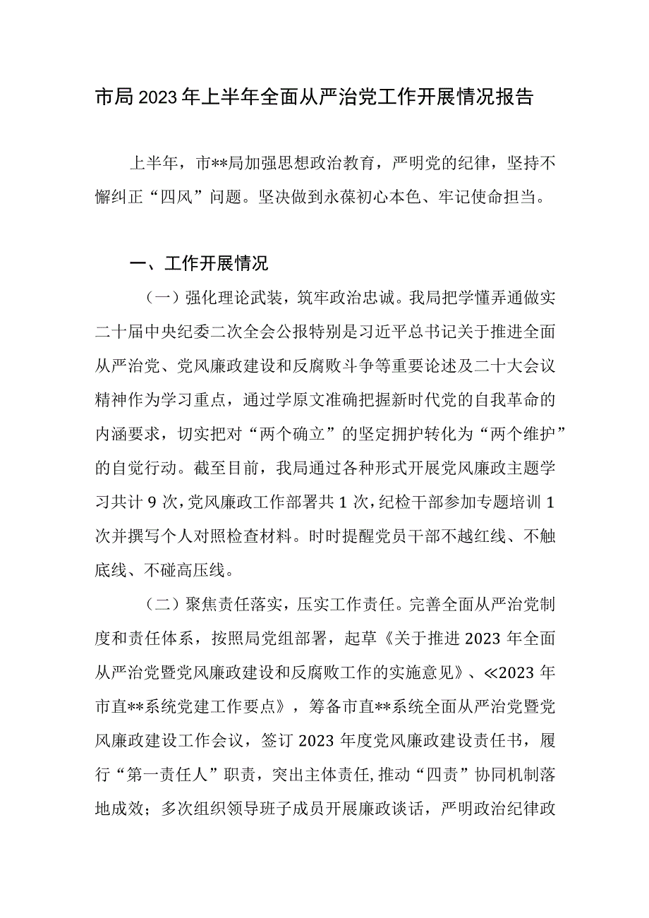 2023年上半年市局党委全面从严治党工作开展情况报告.docx_第1页