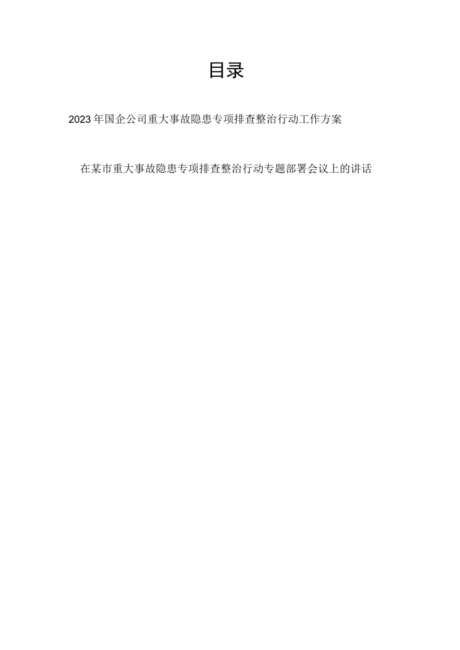 2023年国企公司重大事故隐患专项排查整治行动工作方案和在某市重大事故隐患专项排查整治行动专题部署会议上的讲话.docx_第1页