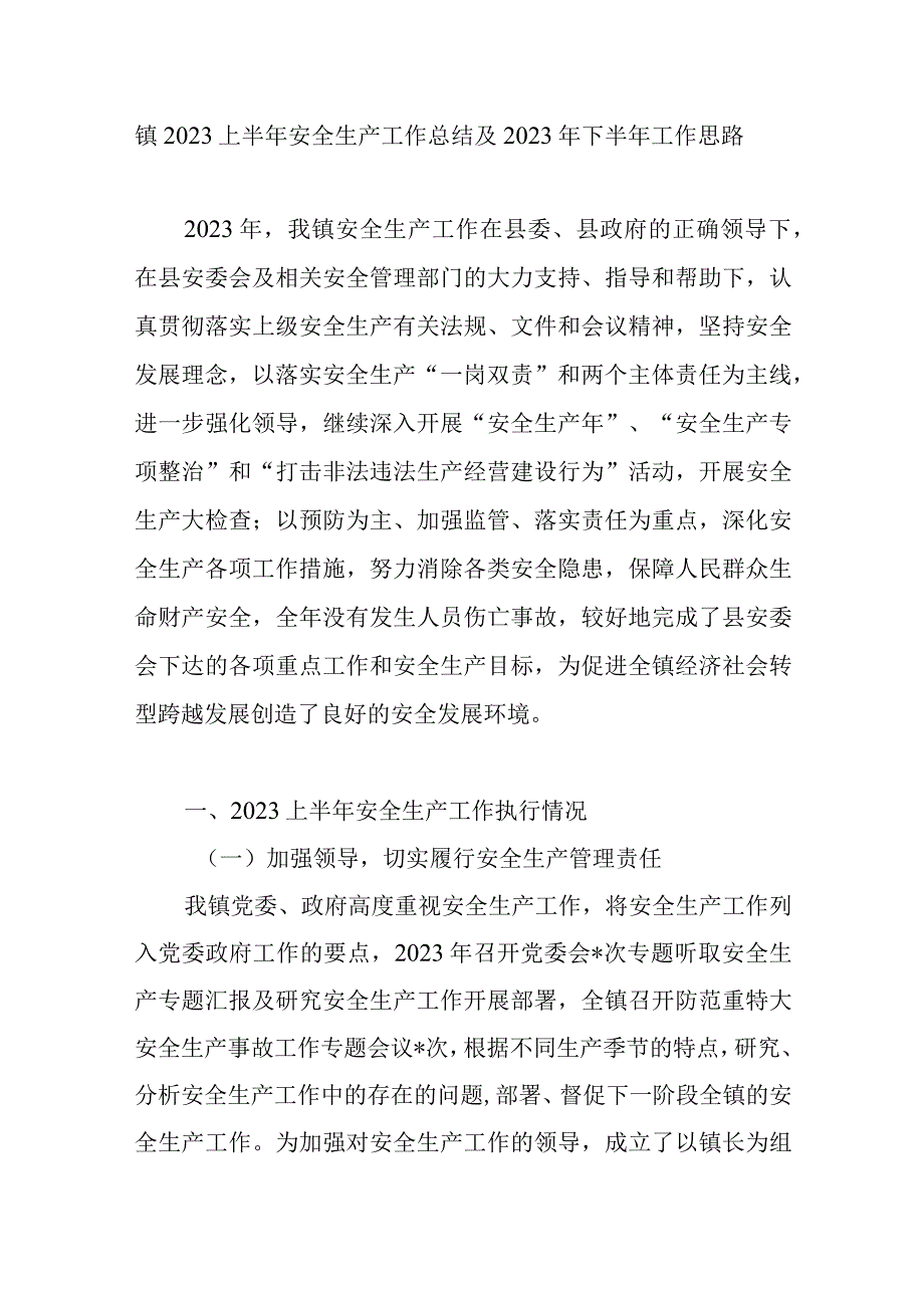 2023上半年乡镇安全生产工作总结及2023年下半年工作思路.docx_第1页