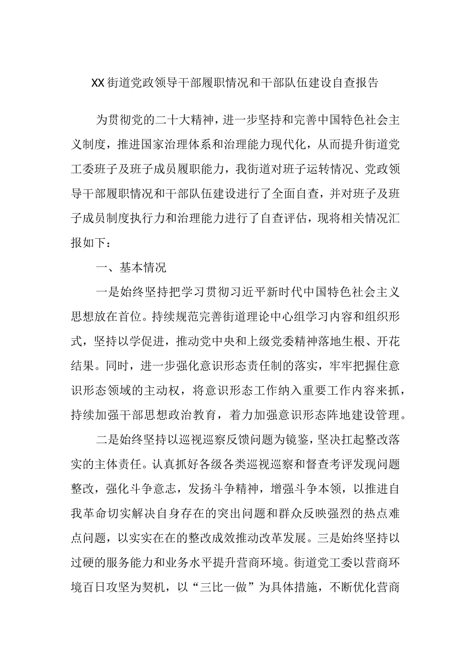 XX街道党政领导干部履职情况和干部队伍建设自查报告.docx_第1页