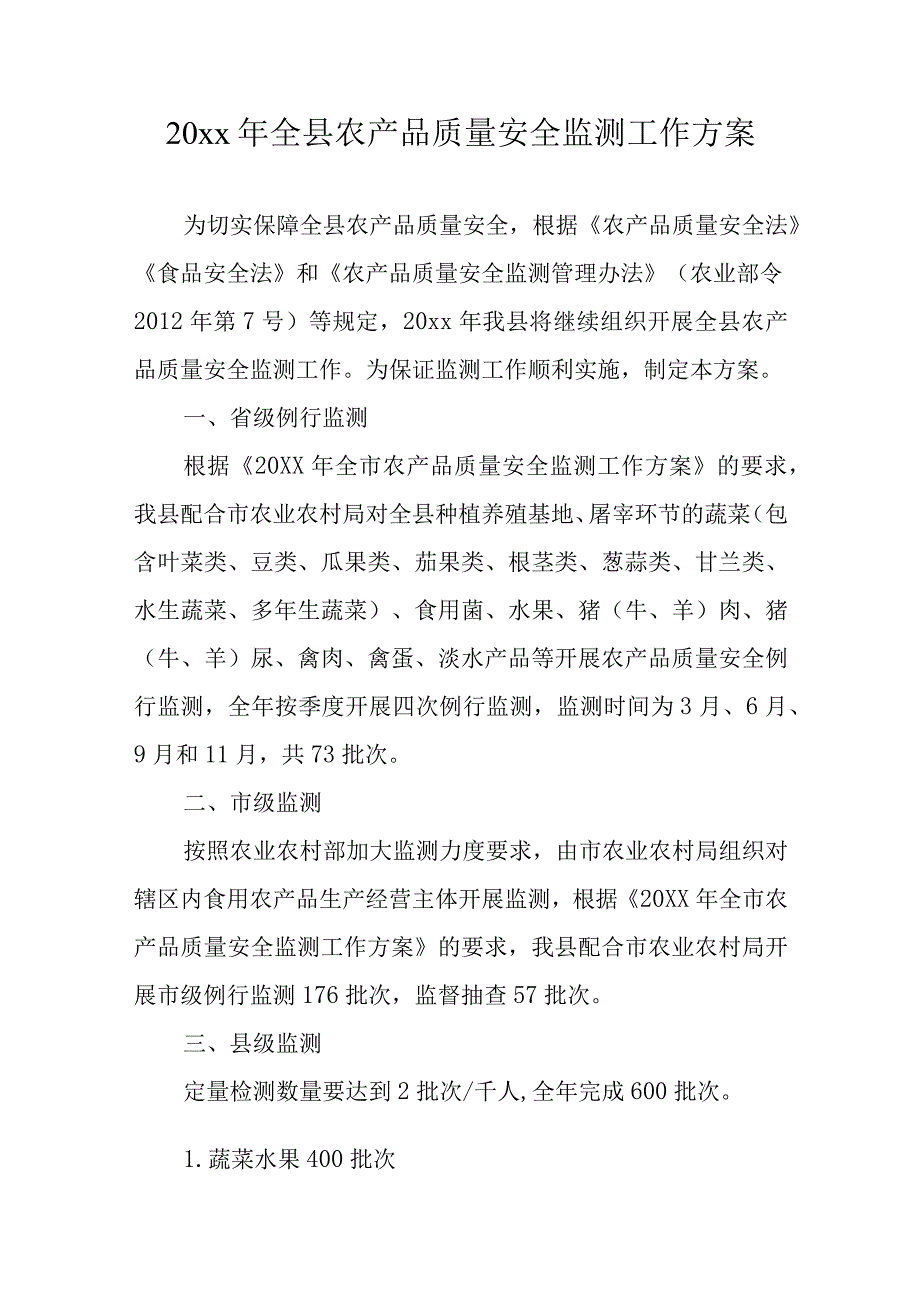 20xx年全县农产品质量安全监测工作方案.docx_第1页