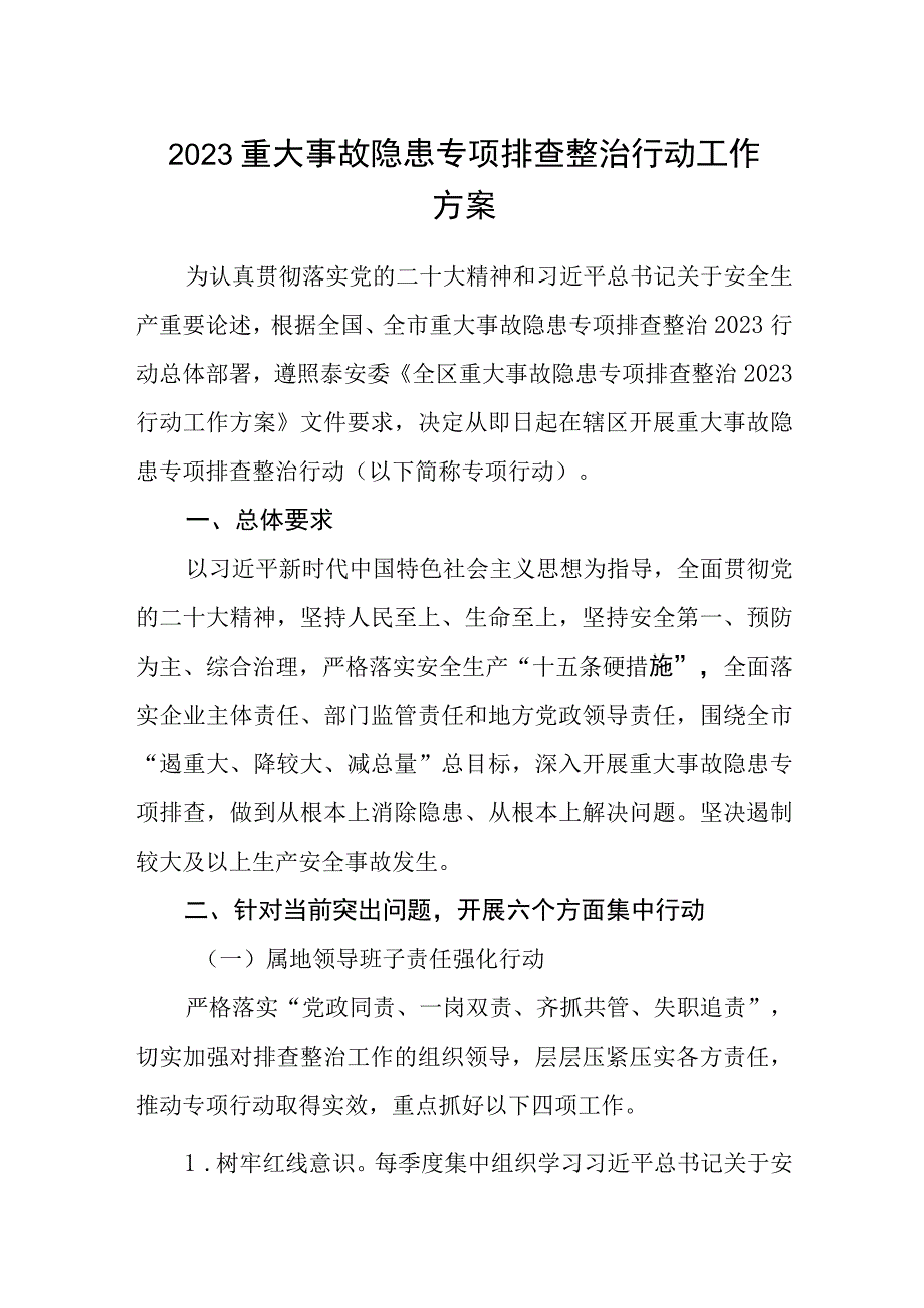 2023重大事故隐患专项排查整治行动工作方案.docx_第1页