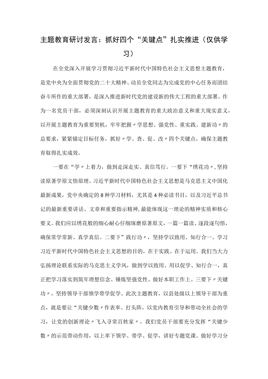 主题教育研讨发言：抓好四个关键点 扎实推进.docx_第1页