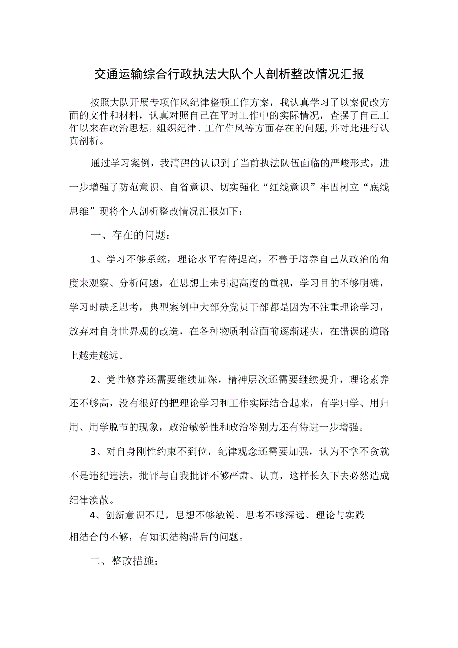 交通运输综合行政执法大队个人剖析整改情况汇报.docx_第1页