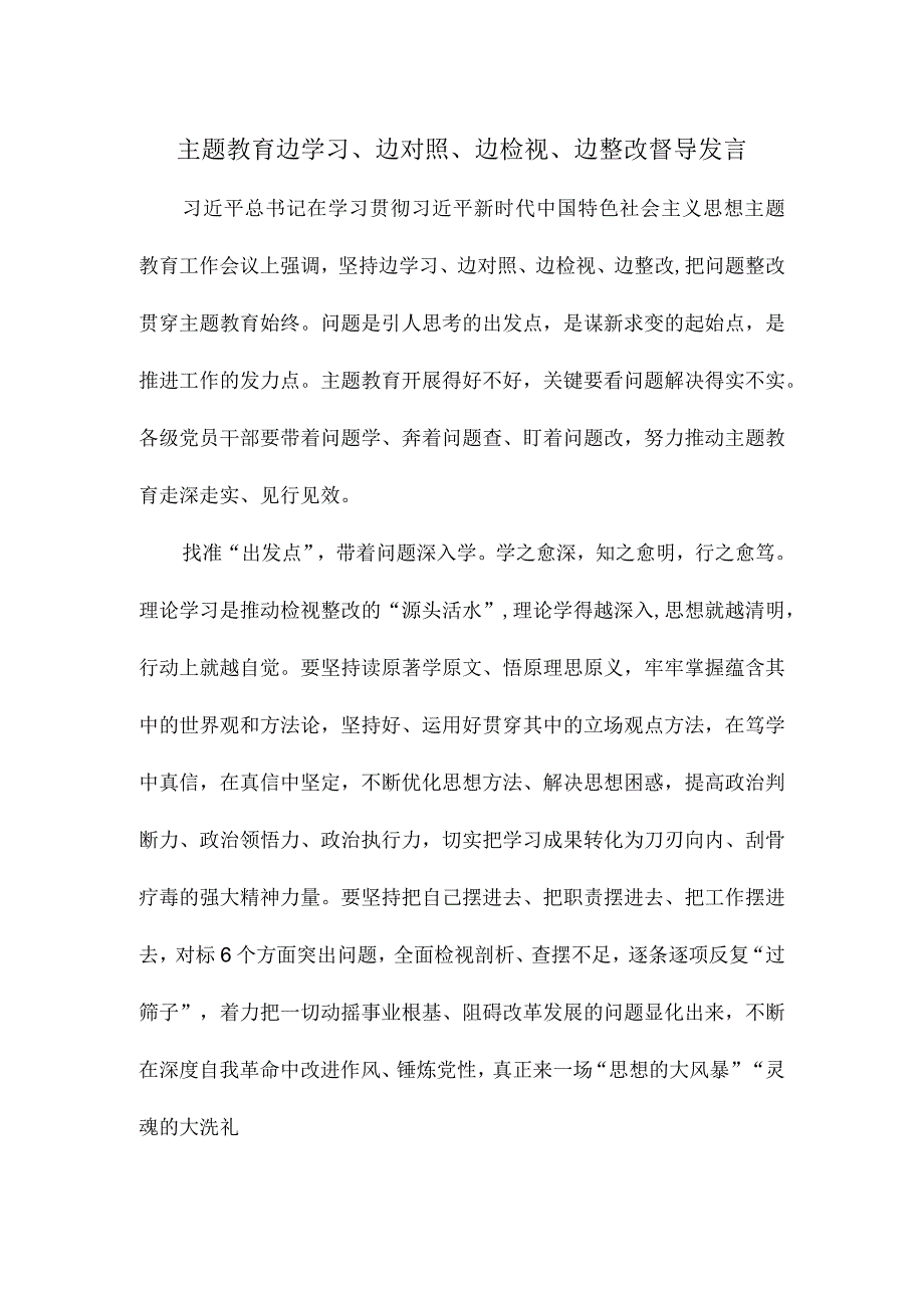 主题教育边学习边对照边检视边整改督导发言.docx_第1页