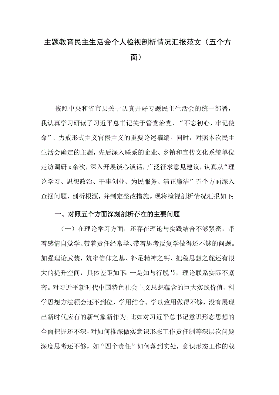 主题教育民主生活会个人检视剖析情况汇报范文五个方面.docx_第1页