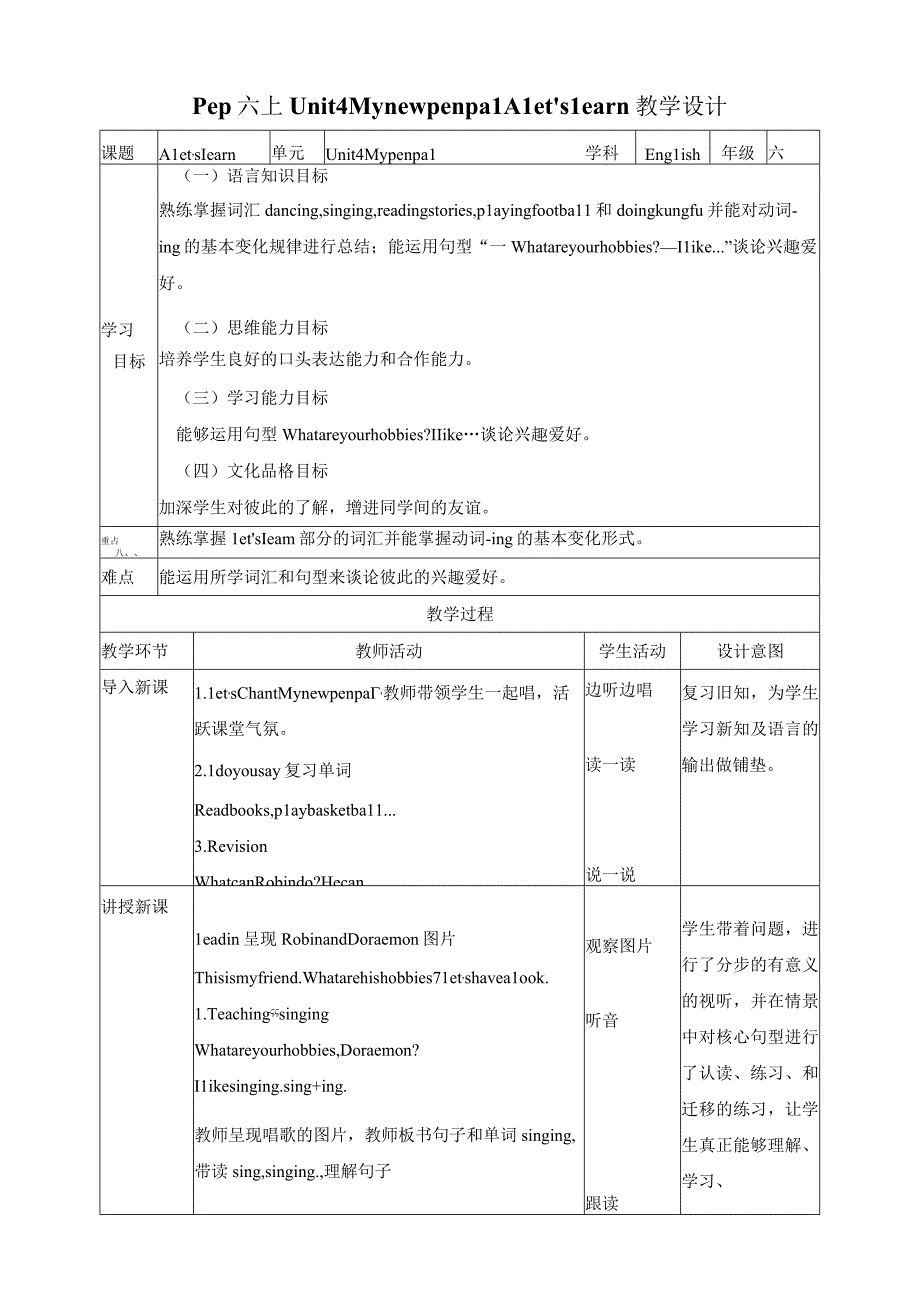 人教PEP六年级上册Unit4 I have a pen pal A let's learn教案.docx_第1页