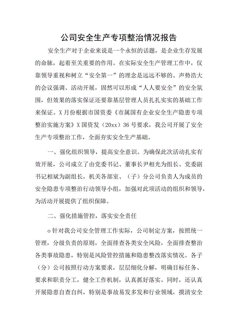 公司安全生产专项整治情况报告.docx_第1页