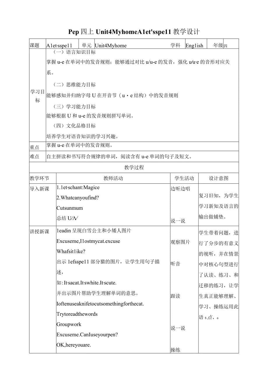 人教PEP四年级上册Unit4 My home A let's spell教案.docx_第1页