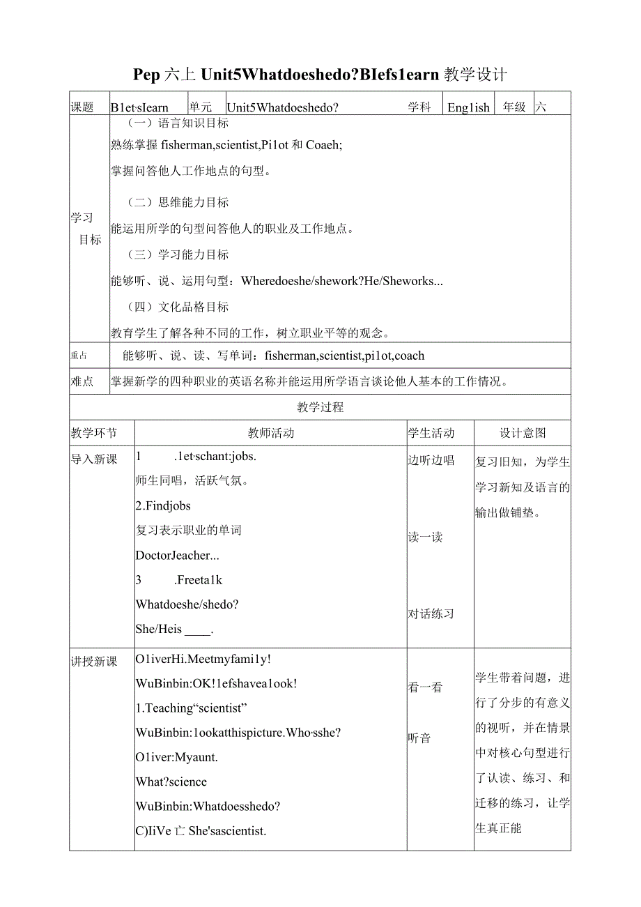 人教PEP六年级上册Unit5 What does he do B let's learn教案.docx_第1页