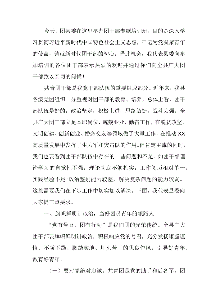 共青团干部专题培训班上的讲话.docx_第1页