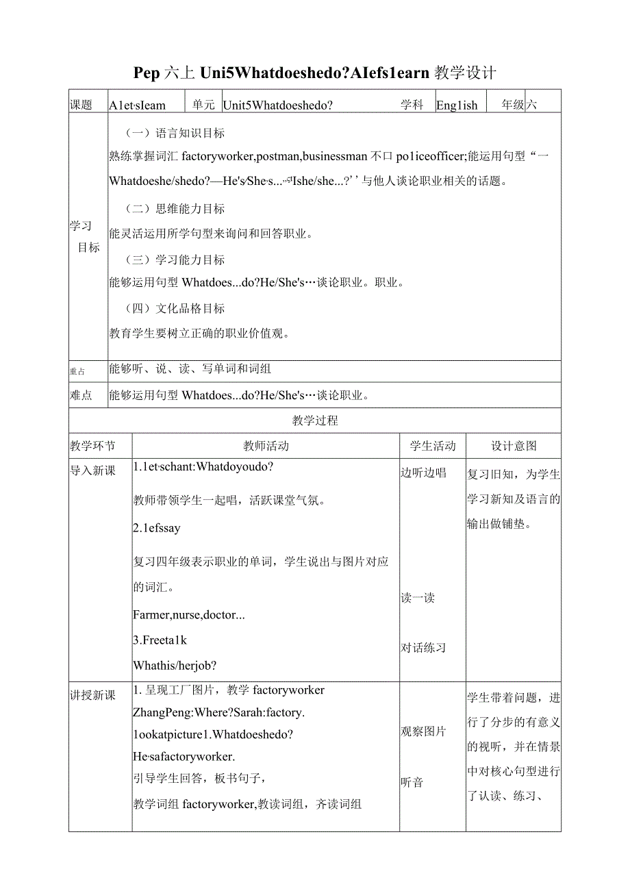 人教PEP六年级上册Unit5 What does he do A let's learn教案.docx_第1页