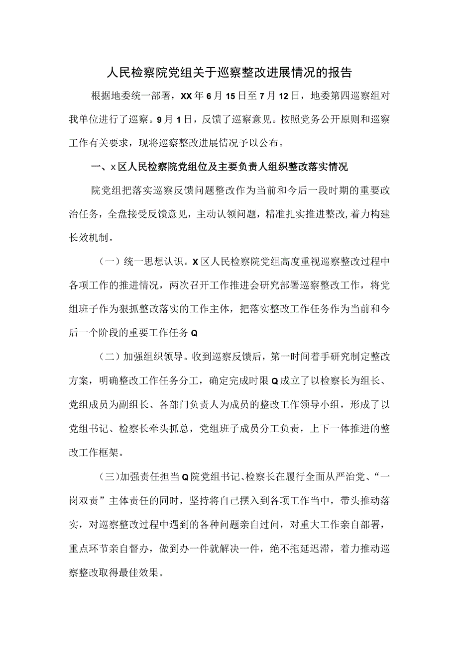 人民检察院党组关于巡察整改进展情况的报告.docx_第1页